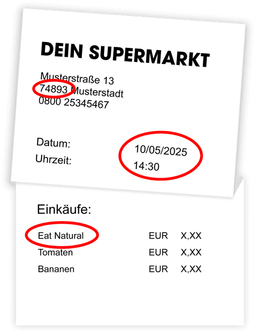 Kassenbon Beispiel Bild mit Datum, Uhrzeit, Postleitzahl und Aktionsprodukt